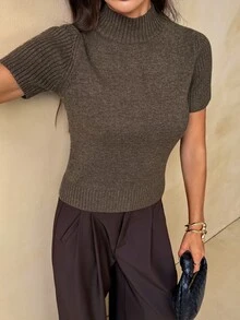 SHEIN Tall Women's Solid Color Casual Daily Knit Top - Brown - View 8