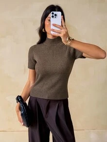 SHEIN Tall Women's Solid Color Casual Daily Knit Top - Brown - View 3