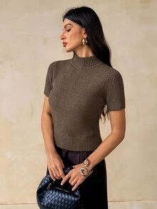 SHEIN Tall Women's Solid Color Casual Daily Knit Top - Brown - View 5
