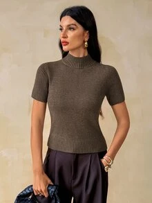 SHEIN Tall Women's Solid Color Casual Daily Knit Top - Brown - View 6