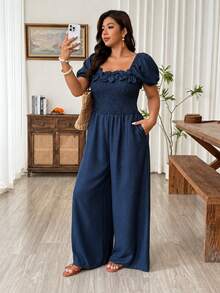 Weeklong Plus Size Women Square Neck Floral Decor Short Sleeve Jumpsuit With Pockets, Casual Vacation Outfit - Navy Blue - View 6