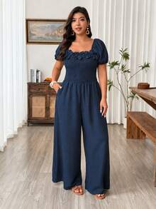 Weeklong Plus Size Women Square Neck Floral Decor Short Sleeve Jumpsuit With Pockets, Casual Vacation Outfit - Navy Blue - View 7