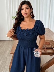 Weeklong Plus Size Women Square Neck Floral Decor Short Sleeve Jumpsuit With Pockets, Casual Vacation Outfit - Navy Blue - View 8