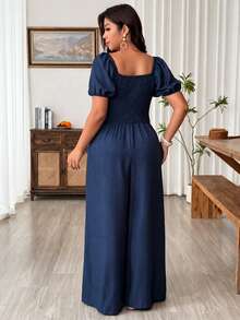 Weeklong Plus Size Women Square Neck Floral Decor Short Sleeve Jumpsuit With Pockets, Casual Vacation Outfit - Navy Blue - View 2