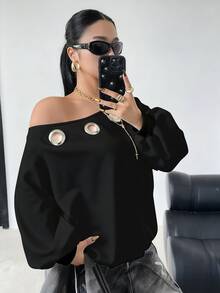 POPSWAY Plus Size Women Oblique Shoulder Sweatshirt With Metal Grommet, Casual Comfortable Street Style Sweatshirt Jacket, Autumn/Winter Fall - Black - View 3