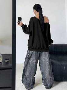 POPSWAY Plus Size Women Oblique Shoulder Sweatshirt With Metal Grommet, Casual Comfortable Street Style Sweatshirt Jacket, Autumn/Winter Fall - Black - View 2