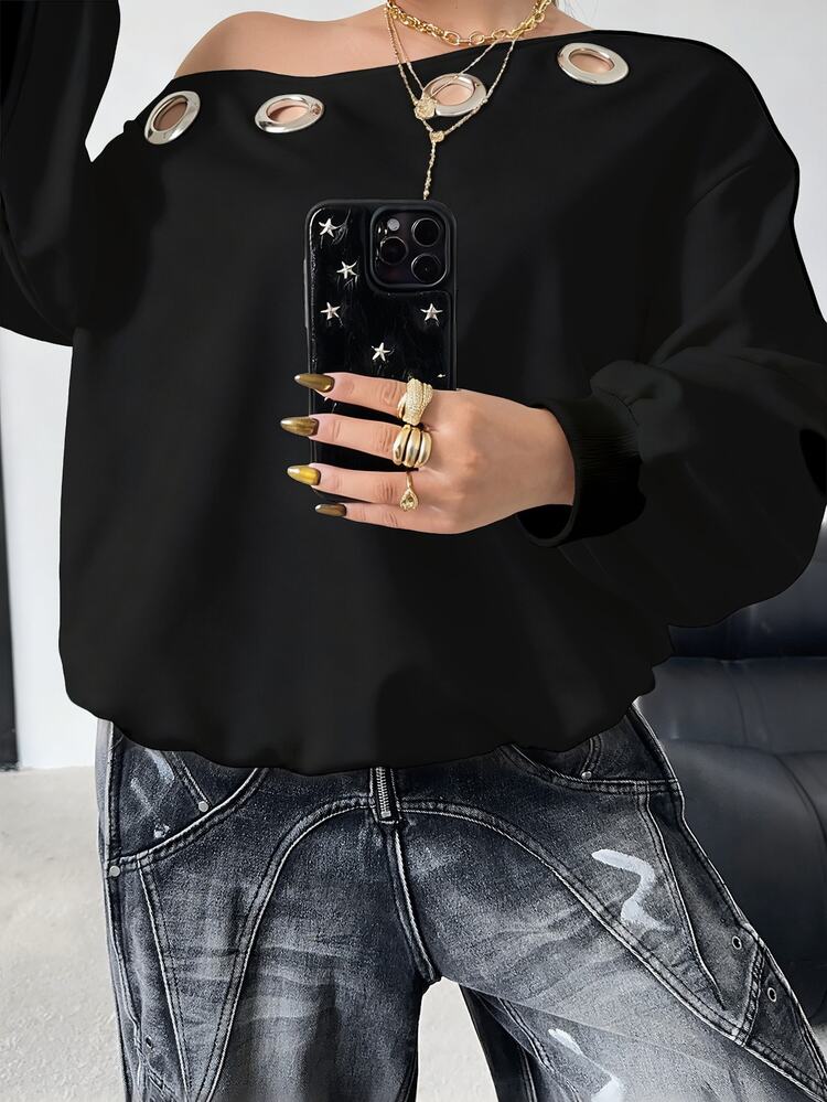 POPSWAY Plus Size Women Oblique Shoulder Sweatshirt With Metal Grommet, Casual Comfortable Street Style Sweatshirt Jacket, Autumn/Winter Fall - Black - View 6