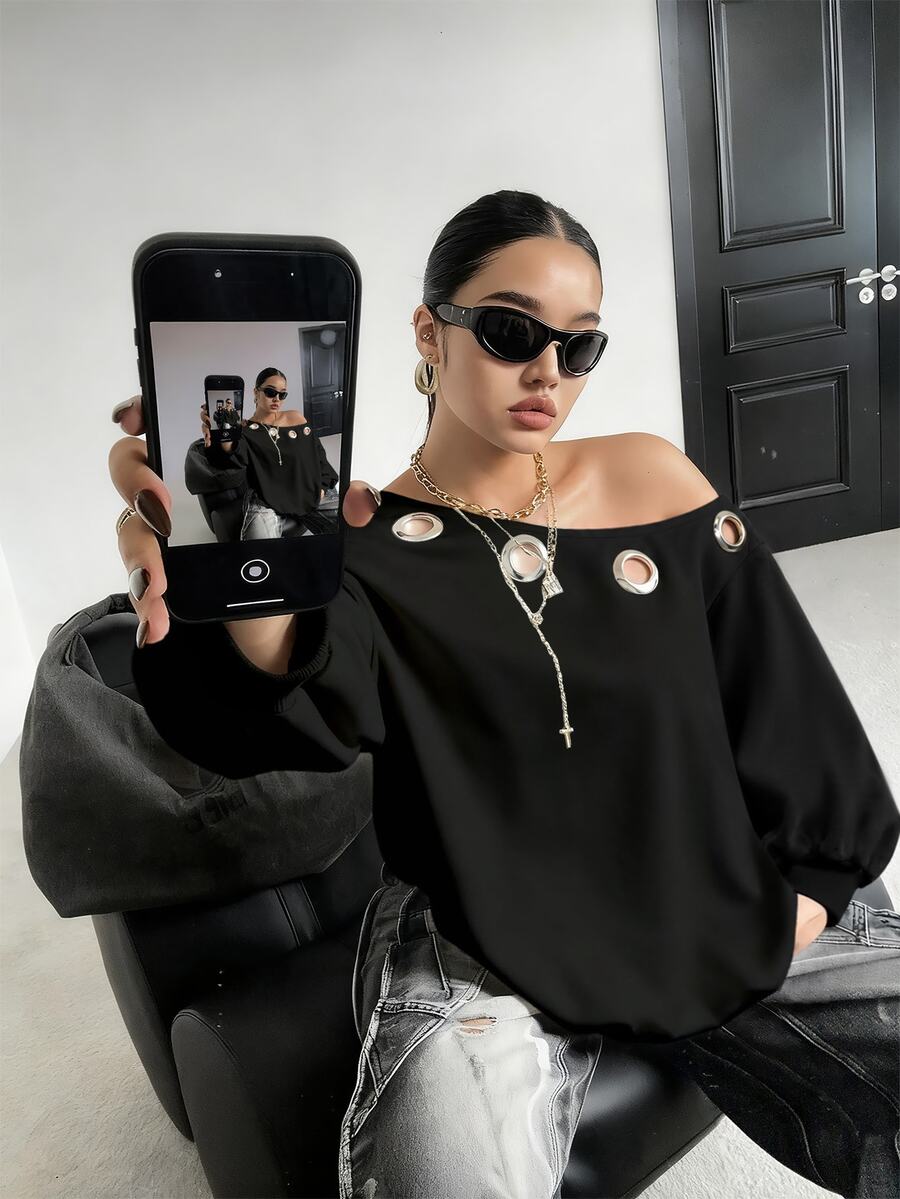 POPSWAY Plus Size Women Oblique Shoulder Sweatshirt With Metal Grommet, Casual Comfortable Street Style Sweatshirt Jacket, Autumn/Winter Fall - Black - View 1