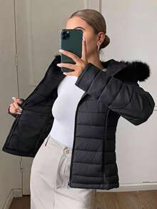DAZY Women's Solid Color Plush Hooded Zip-Up Casual Daily Winter Padded Coat Fall Jacket - Black - View 13