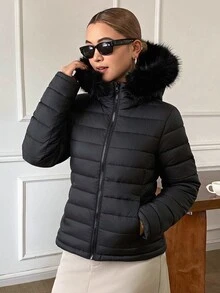 DAZY Women's Solid Color Plush Hooded Zip-Up Casual Daily Winter Padded Coat Fall Jacket - Black - View 7