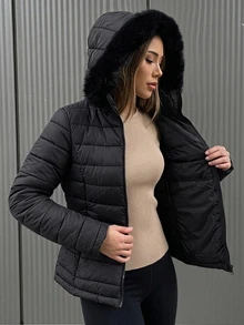 DAZY Women's Solid Color Plush Hooded Zip-Up Casual Daily Winter Padded Coat Fall Jacket - Black - View 5