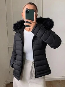 DAZY Women's Solid Color Plush Hooded Zip-Up Casual Daily Winter Padded Coat Fall Jacket - Black - View 1