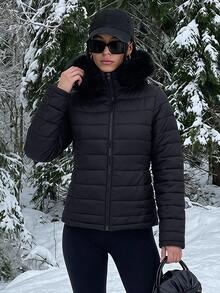DAZY Women's Solid Color Plush Hooded Zip-Up Casual Daily Winter Padded Coat Fall Jacket - Black - View 2