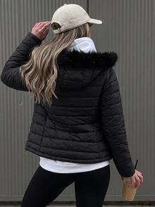 DAZY Women's Solid Color Plush Hooded Zip-Up Casual Daily Winter Padded Coat Fall Jacket - Black - View 6