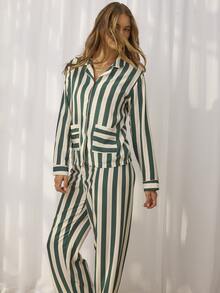 Aralina Sleepwear Women's 2pcs Woven Lounge Stripe Printed Cute Sleep Shirt And Wide Leg Pant With Contrast Pipping And Buttons Two Pieces Set - Green - View 10