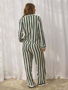 Aralina Sleepwear Women's 2pcs Woven Lounge Stripe Printed Cute Sleep Shirt And Wide Leg Pant With Contrast Pipping And Buttons Two Pieces Set - Green - View 11