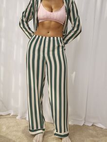 Aralina Sleepwear Women's 2pcs Woven Lounge Stripe Printed Cute Sleep Shirt And Wide Leg Pant With Contrast Pipping And Buttons Two Pieces Set - Green - View 9