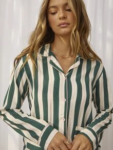 Aralina Sleepwear Women's 2pcs Woven Lounge Stripe Printed Cute Sleep Shirt And Wide Leg Pant With Contrast Pipping And Buttons Two Pieces Set - Green - View 3