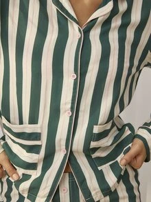Aralina Sleepwear Women's 2pcs Woven Lounge Stripe Printed Cute Sleep Shirt And Wide Leg Pant With Contrast Pipping And Buttons Two Pieces Set - Green - View 7