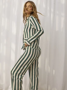 Aralina Sleepwear Women's 2pcs Woven Lounge Stripe Printed Cute Sleep Shirt And Wide Leg Pant With Contrast Pipping And Buttons Two Pieces Set - Green - View 6
