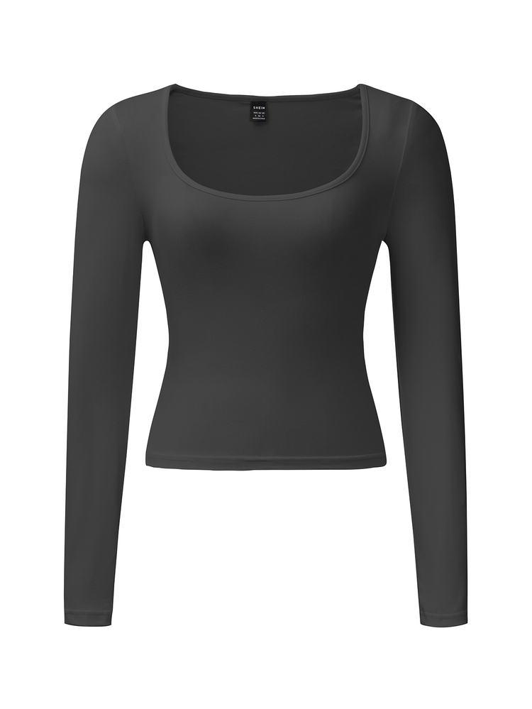 SHEIN Scoop Neck Ruched Side Crop Tee For Dailywear Fall Cloth For Women - Grey - View 7