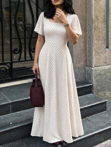 Celisse Polka Dot Red Tie-Waist Midi Dress - Black and White - View 3