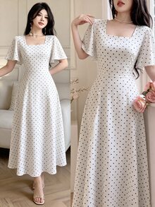 Celisse Polka Dot Red Tie-Waist Midi Dress - Black and White - View 1