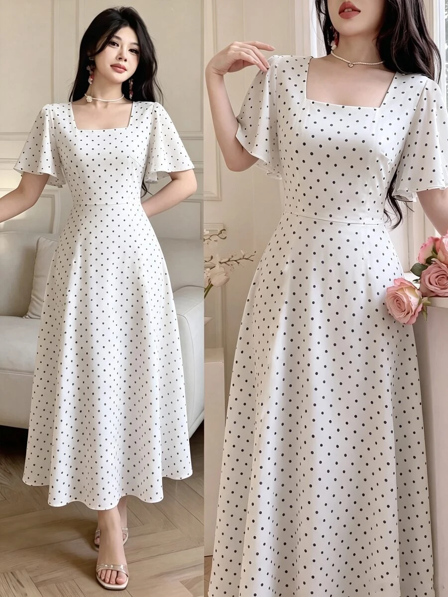 Celisse Polka Dot Red Tie-Waist Midi Dress - Black and White - View 1