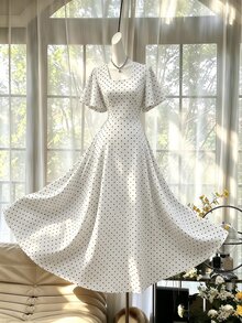 Celisse Polka Dot Red Tie-Waist Midi Dress - Black and White - View 5