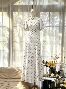 Celisse Polka Dot Red Tie-Waist Midi Dress - Black and White - View 6