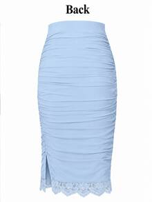 EMERY ROSE Women's Lace Patchwork Ruched Slit Sexy Fitted Mid-Length Bodycon Skirt - Baby Blue - View 4
