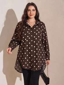 Comfylo Plus Size Women Polka Dot Long Sleeve Single-Breasted Pocket Shirt Autumn Office Business Formal Vacation Brown Casual Smart 1920 Vintage 80s - Coffee Brown - View 1