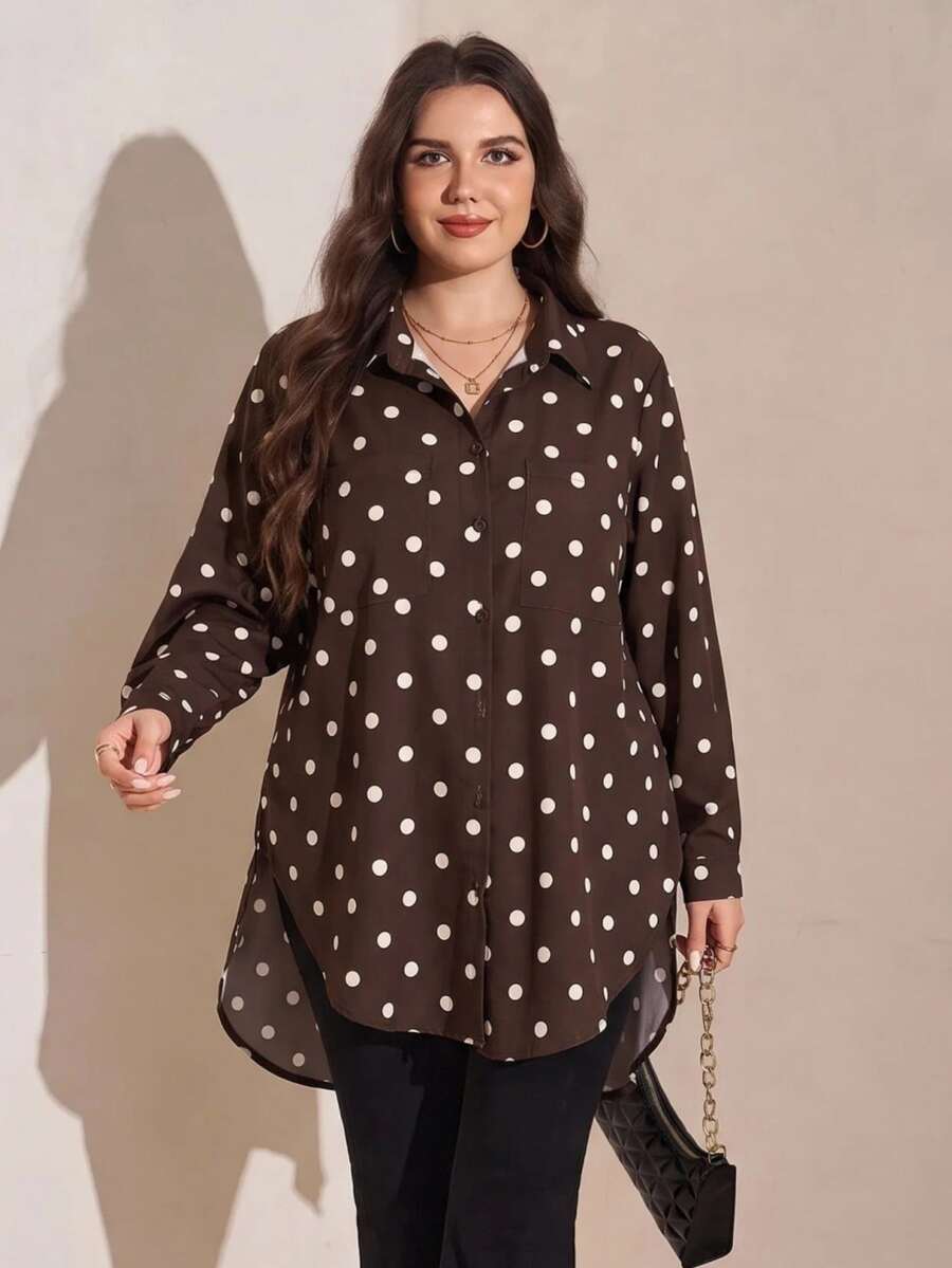 Comfylo Plus Size Women Polka Dot Long Sleeve Single-Breasted Pocket Shirt Autumn Office Business Formal Vacation Brown Casual Smart 1920 Vintage 80s - Coffee Brown - View 1