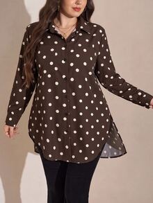 Comfylo Plus Size Women Polka Dot Long Sleeve Single-Breasted Pocket Shirt Autumn Office Business Formal Vacation Brown Casual Smart 1920 Vintage 80s - Coffee Brown - View 7