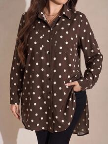 Comfylo Plus Size Women Polka Dot Long Sleeve Single-Breasted Pocket Shirt Autumn Office Business Formal Vacation Brown Casual Smart 1920 Vintage 80s - Coffee Brown - View 6