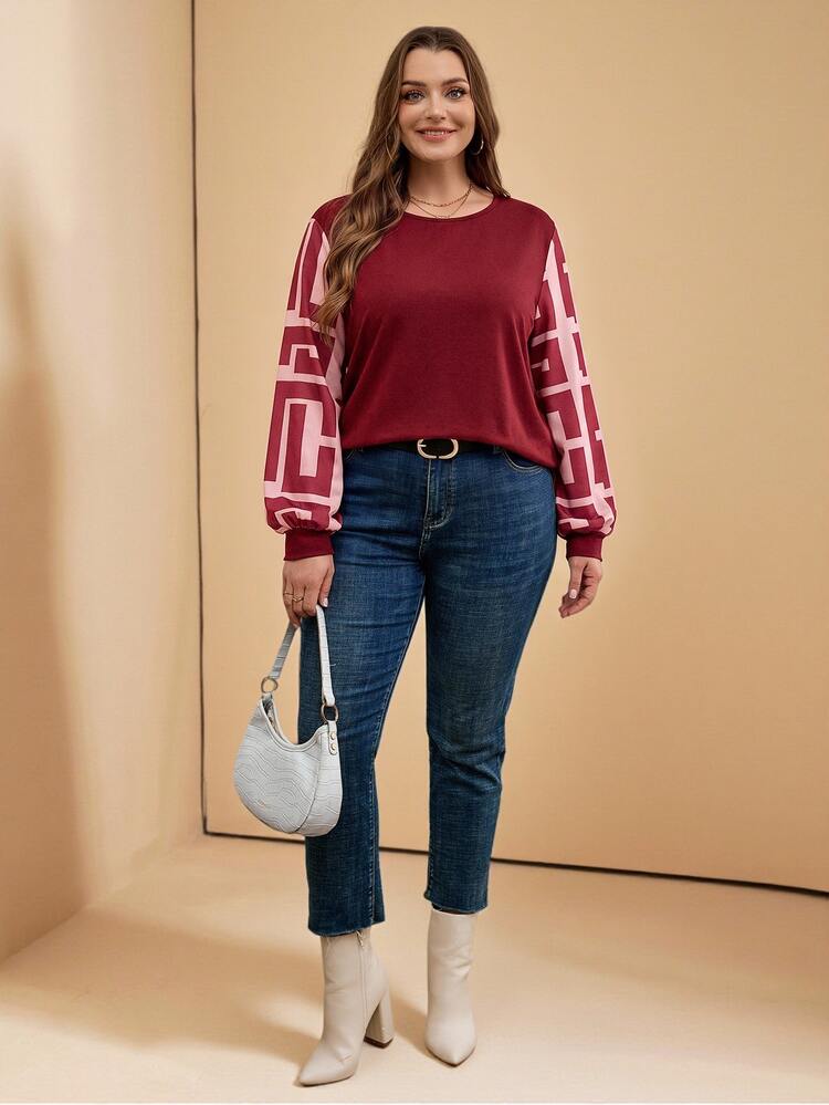 Comfylo Plus Size Colorblock Lantern Sleeve Casual Loose Top, Autumn/Winter Holiday Outfit Fall - Burgundy - View 1