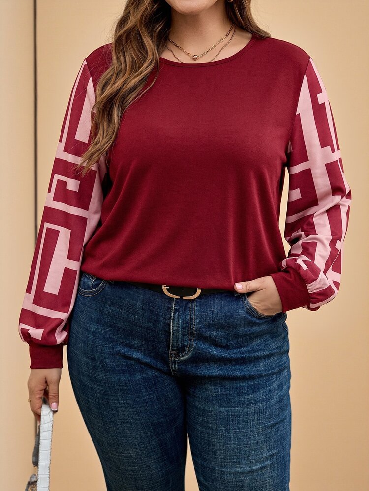 Comfylo Plus Size Colorblock Lantern Sleeve Casual Loose Top, Autumn/Winter Holiday Outfit Fall - Burgundy - View 4