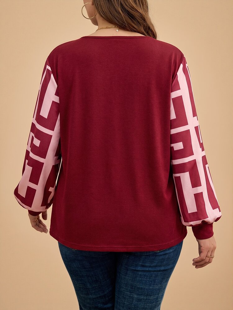 Comfylo Plus Size Colorblock Lantern Sleeve Casual Loose Top, Autumn/Winter Holiday Outfit Fall - Burgundy - View 2