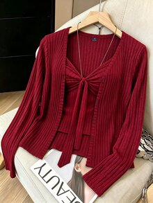 GlowEve CURVE Plus Size Knit Elegant Camisole & Long Sleeve Cardigan Two Pieces Set Autumn - Red - View 3