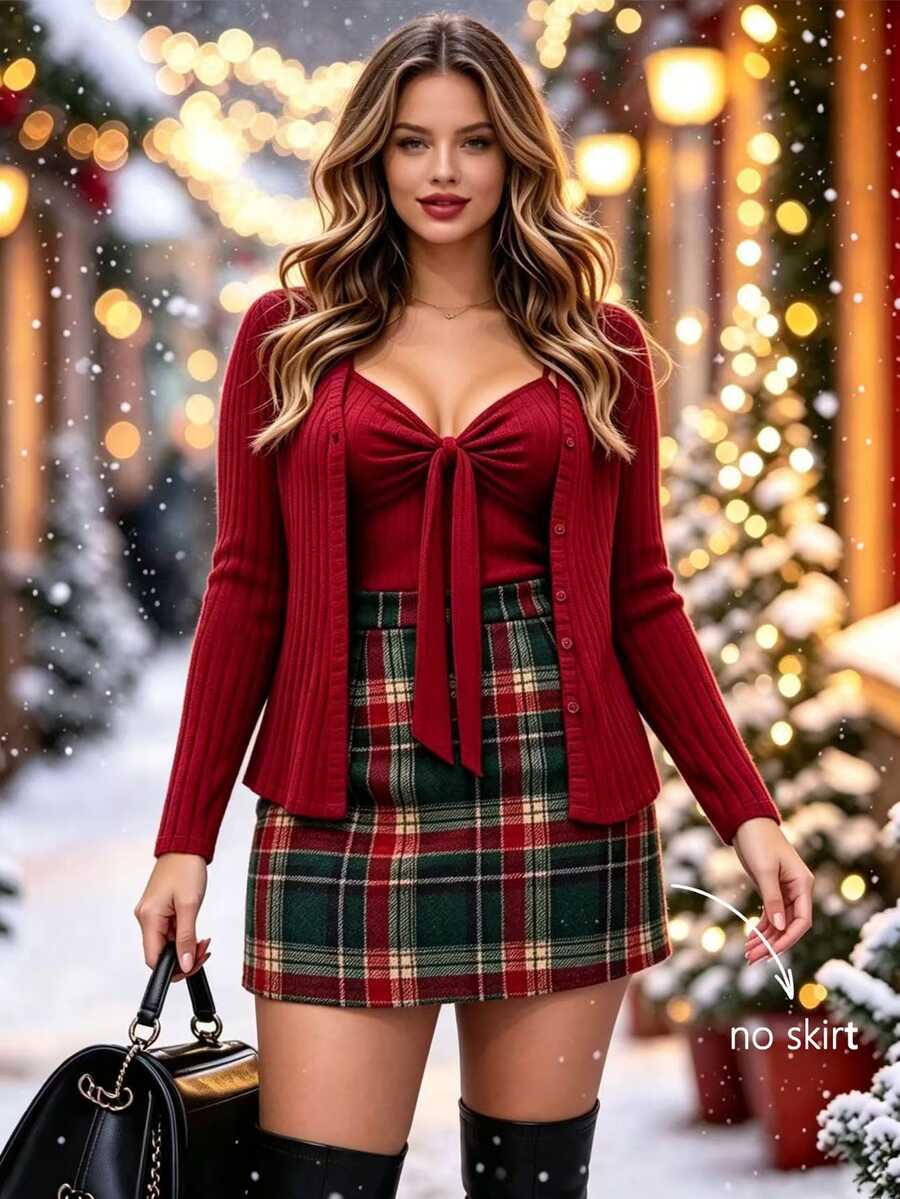 GlowEve CURVE Plus Size Knit Elegant Camisole & Long Sleeve Cardigan Two Pieces Set Autumn - Red - View 1
