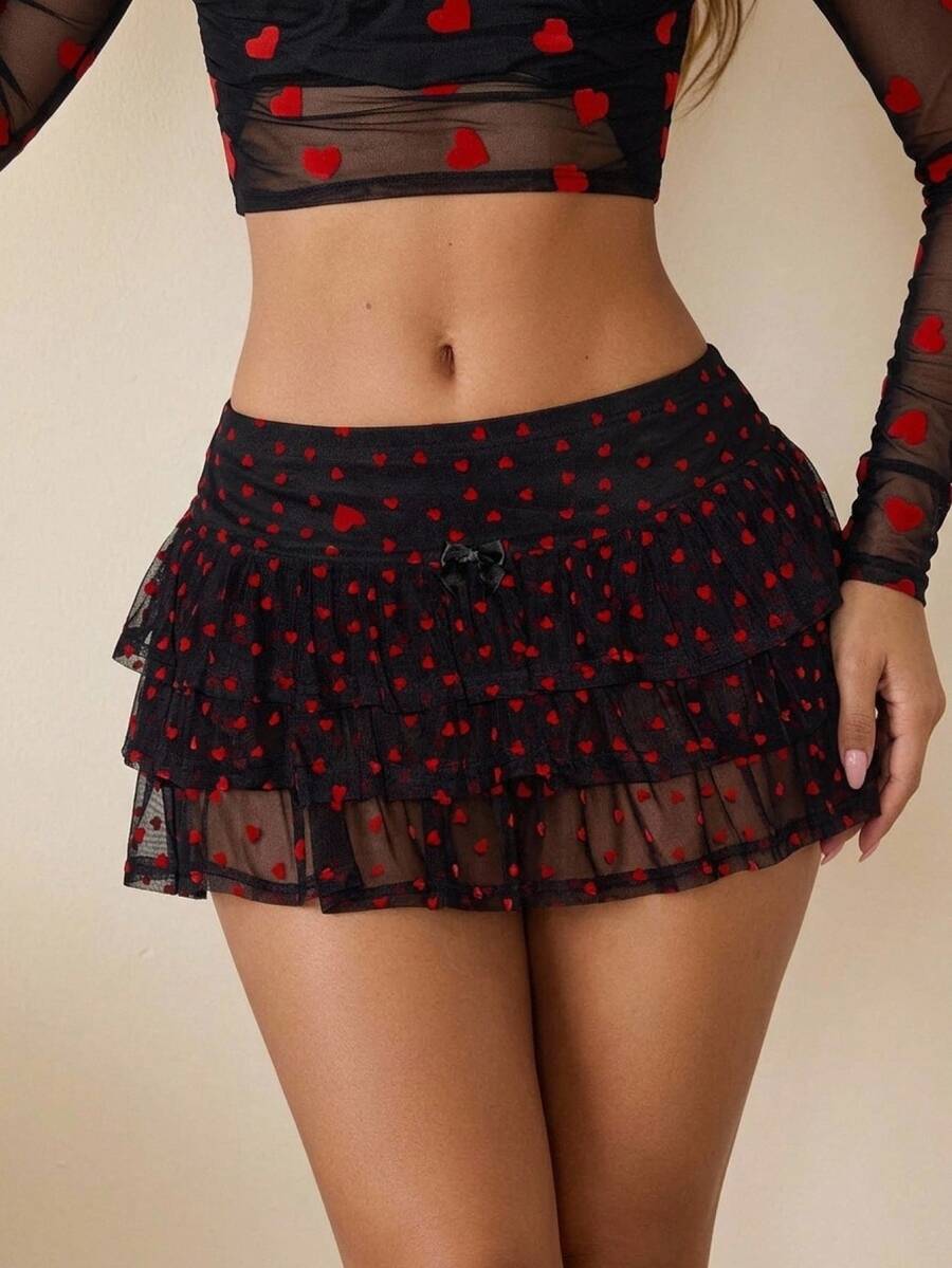 SHEIN ICON 植绒心形网纱多层迷你蛋糕裙 - 黑色 - 查看 1