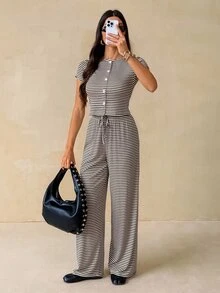 SHEIN Tall Stylish And Casual Two Pieces Set For Tall Women: Striped Top And Trousers-Perfect For Commuting. - Brown - View 6