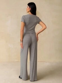 SHEIN Tall Stylish And Casual Two Pieces Set For Tall Women: Striped Top And Trousers-Perfect For Commuting. - Brown - View 2