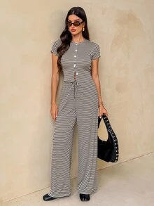SHEIN Tall Stylish And Casual Two Pieces Set For Tall Women: Striped Top And Trousers-Perfect For Commuting. - Brown - View 4