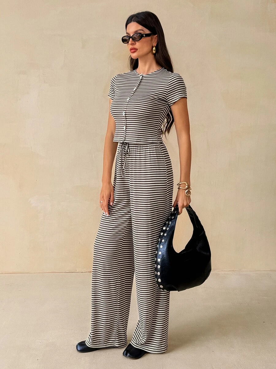 SHEIN Tall Stylish And Casual Two Pieces Set For Tall Women: Striped Top And Trousers-Perfect For Commuting. - Brown - View 1