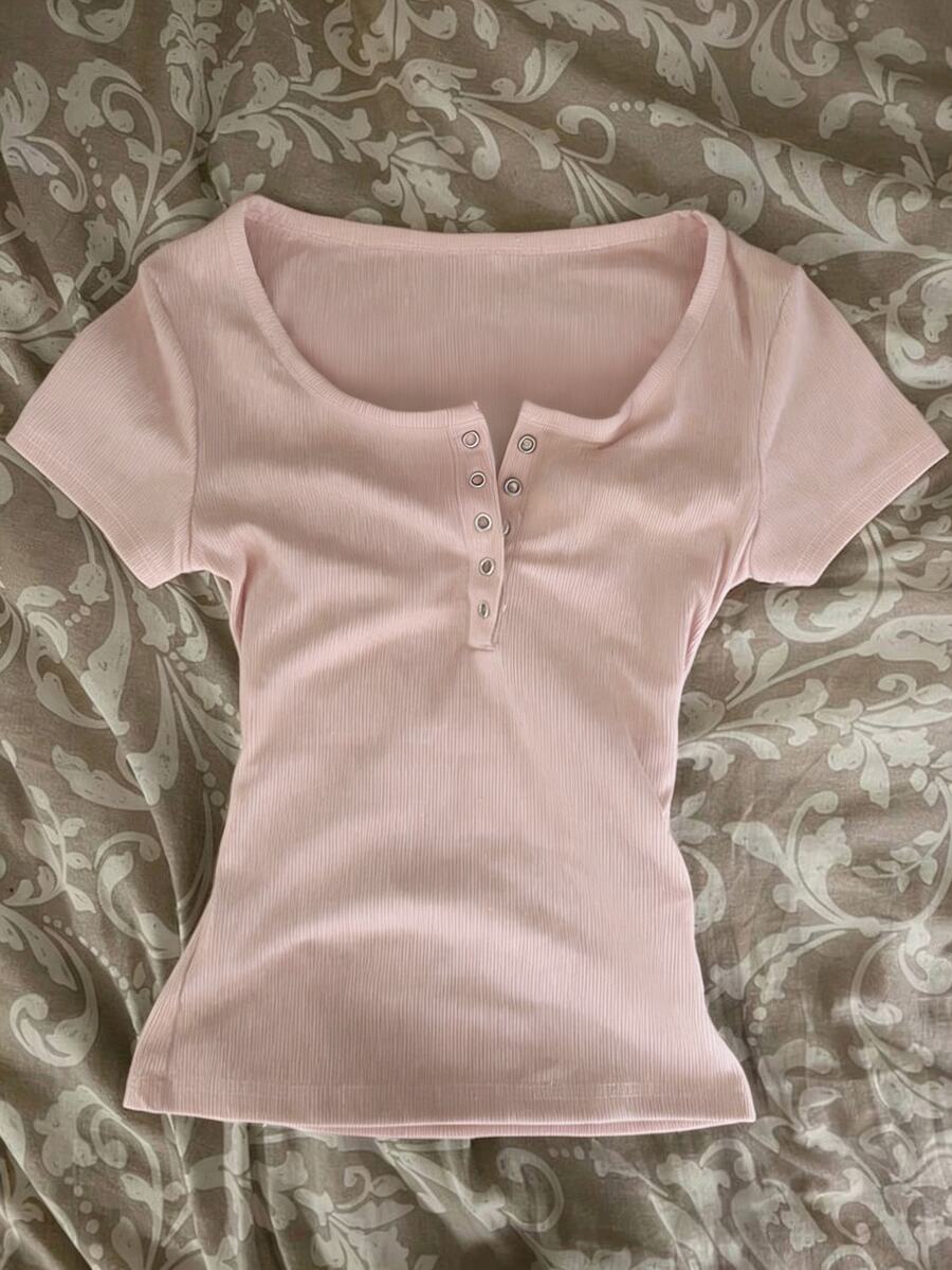 IslaSuriya Glimmora Y2KStyle Women's Casual Commuting Press Buttoned Short Sleeve Fitted T-Shirt, Without Lining, Summer - Multicolor - View 1