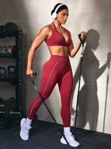 Solea Cove Solea Cove Women's Spring/Summer White & Burgundy Contrast Trim Sports Bra & Leggings 2 Pieces Set - Burgundy - View 4