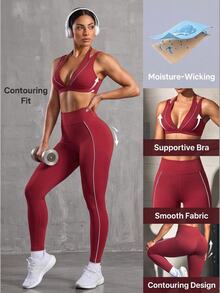 Solea Cove Solea Cove Women's Spring/Summer White & Burgundy Contrast Trim Sports Bra & Leggings 2 Pieces Set - Burgundy - View 1