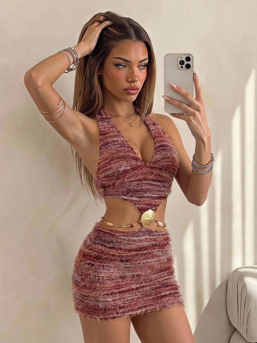 Sweetina Retro American Style Bodycon Sexy Pearl Chain Decor Midi Dress - Multicolor - View 1