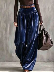 Elenzga French Style Draped Wide Leg Pants, Slimming Velvet Elegant Commute Casual Women's Long Pants - Navy Blue - View 4